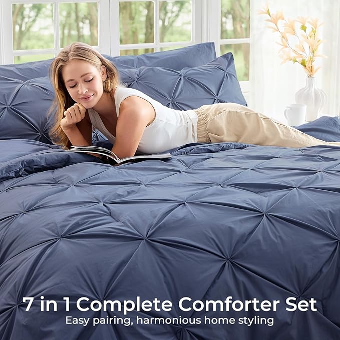 Sasttie California King Comforter Set, 7-Piece Bed in a Bag Cal King, Pintuck Bedding Set for All Season, Includes Comforter, Flat Sheet, Fitted Sheet, Pillowcases and Pillowshams, Indigo Blue