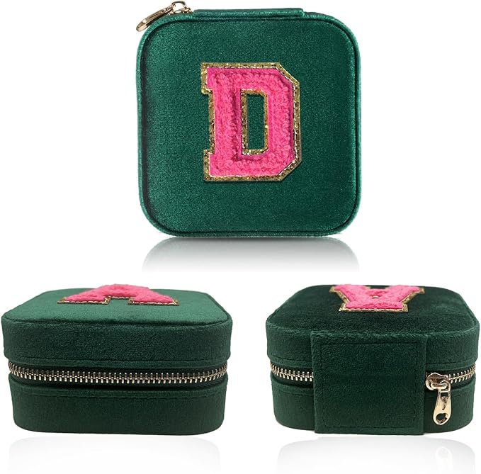 Personalized Velvet Travel Jewelry Case Box For Women Ring Necklace Earring Holder Organizer with Mirror Green Girls Box Birthday Gifts Mom Initial D - Image 2