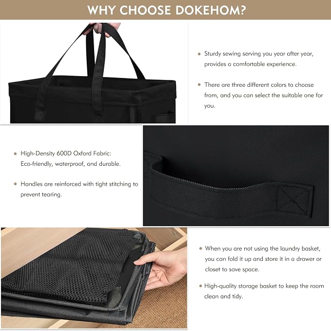 DOKEHOM 90L X-Large Laundry Basket with Removable Wash Bag on Wheels, Collapsible Rolling Laundry Hamper, Foldable Clothes Organizer, Folding Washing Bin (Black) - Image 4