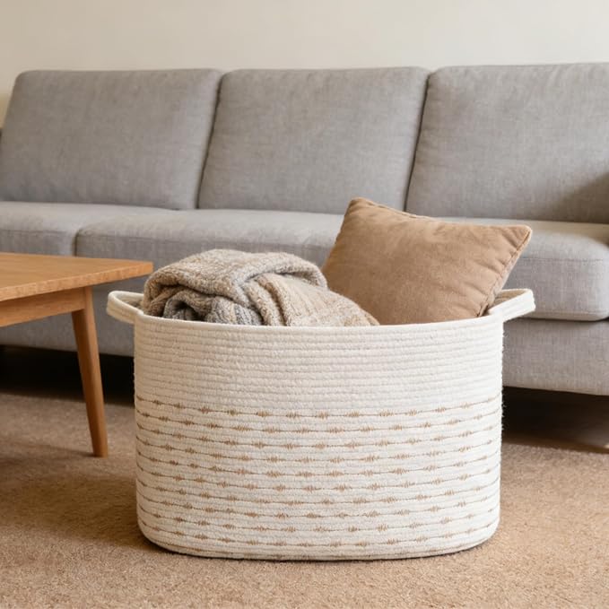 96L Large Blanket Basket,24"x16"x15"Rectangle Storage Bin with Handles,Woven Rope Laundry Basket for Toys, Clothes,Magazines,Home Organization,Nursery,Living Room & Bedroom,White&Yellow - Image 4