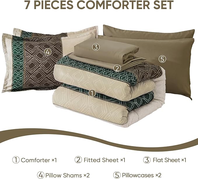 Dinjoy Khaki Brown King Size Comforter Set,Striped Bed in a Bag King Boho 7 Pieces Soft Microfiber Fall Bedding Comforters Sets Bed Lightweight Taupe Complete Set for All Season