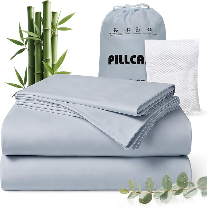 Luxury Organic Tencel & Viscose from Bamboo Cooling Sheet Set,Silky Soft Lyocell Sheets with Deep Pocket, Hypoallergenic & Breathable Bedding with Pillowcases (Sterling Blue, Queen)