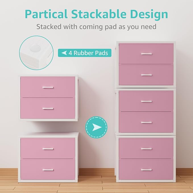 BOLUO Stackable Closet Drawers for Clothes Organizers and Storage Fabric Pink 2 Drawer Dresser for Bedroom 2 Packs Modern Large - Image 5