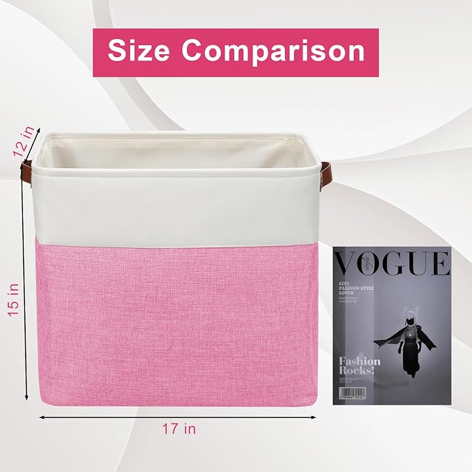 Bagnizer Large Fabric Storage Baskets | 50L Storage Bins, Decorative Linen Closet Baskets with Handles for Organizing, Shelf, Toys, Clothes, Home, Office, Nursery, 17x12x15Inches (Pink&White) - Image 3