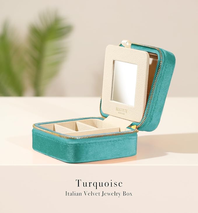 BLUTETE Travel Jewelry Box Organizer Velvet Travel Case With Mirror Ring Earrings Necklaces Storage Organizer Box (Turquoise) - Image 5