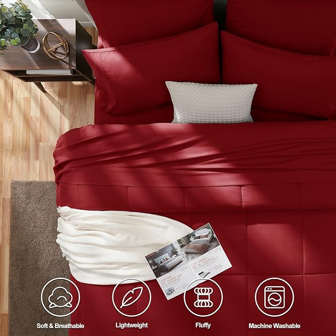 CozyLux Queen Comforter Set Dark Red, 7 Pieces Bed in a Bag, Red Comforters Queen Size, All Season Bedding Sets with Stitch Quilted Comforter, Flat Sheet, Fitted Sheet, Pillowcases