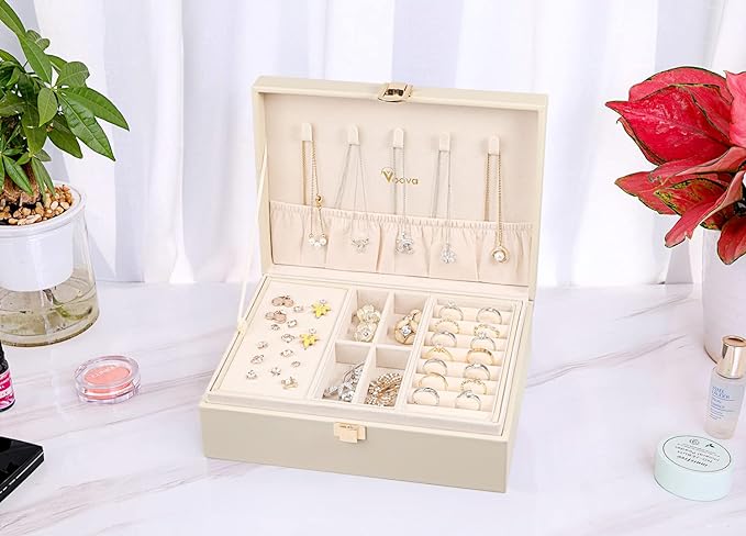 Voova Jewelry Box Organizer for Women Girls, 2 Layer Large Men Jewelry Storage Case, PU Leather Display Jewellery Holder with Removable Tray for Necklace Earrings Rings Bracelets, Vintage Gift,Apricot - Image 4