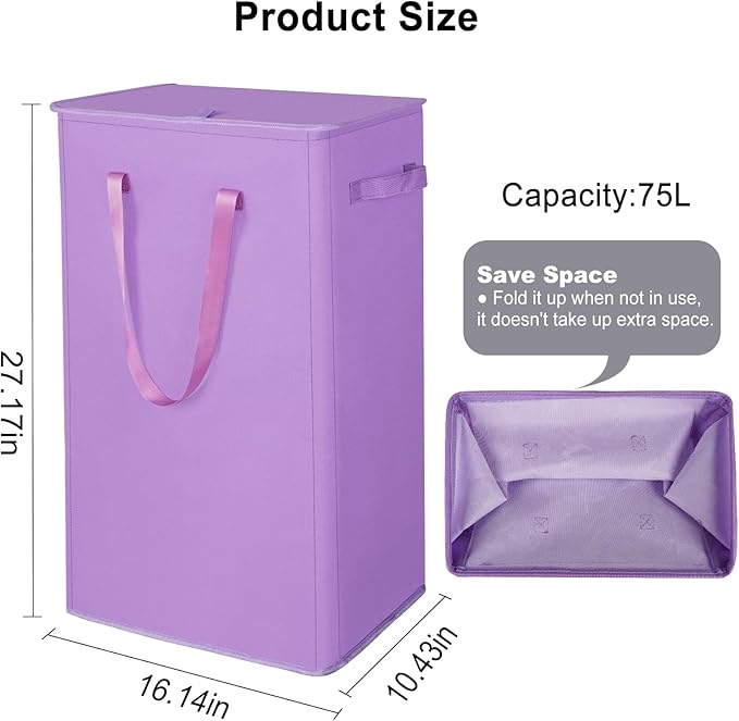 Odonata 75L Slim Laundry Hamper with Lid,Large Foldable Laundry Basket with Removable Bag and Handles Tall Collapsible Dirty Clothes Basket Great for Bedroom, Bathroom, Dorm, College,RV.(Purple, 75L) - Image 2