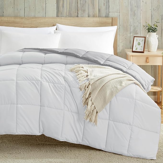 Homelike Moment Twin Comforter Duvet Insert - Grey Down Alternative Bed Comforter Twin Size, Lightweight Bedding Comforters Quilted Soft All Season Reversible White/Light Gray