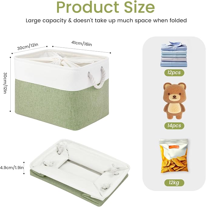 Large Storage Baskets- 16x12x12 inch Storage Bins for Shelves and Closet Organizing, Foldable Fabric Bin for Home Organization Clothes and Laundry (3-Pack, White&Green) - Image 5