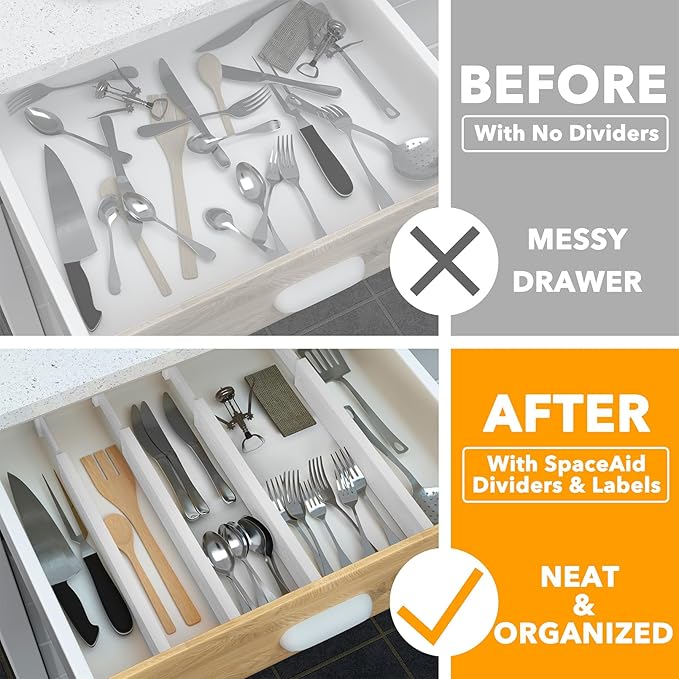 SpaceAid 4 Pack Bamboo Drawer Dividers with Labels, Kitchen Adjustable Drawer Organizers, Expandable Organization for Home Clothes Dressers (17-22 in, White) - Image 2