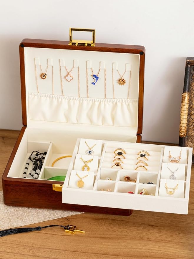 Solid Walnut Wood Jewelry Box with Lock, 2 Layer Velvet Jewelry Organizer Storage for Earrings Rings Necklaces Bracelets Cufflink, Gift Idea for Men Women, Beige - Image 4