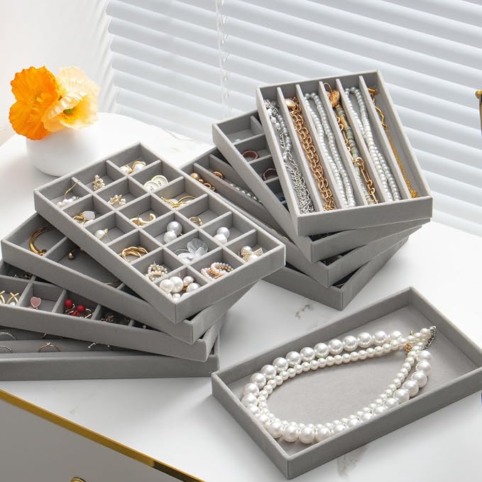 Stackable Jewelry Organizer Trays Set of 9, Small Velvet Jewelry Organizers Earring Necklace Ring Bracelet Display Case Storage for Drawer Dresser (Grey) - Image 7