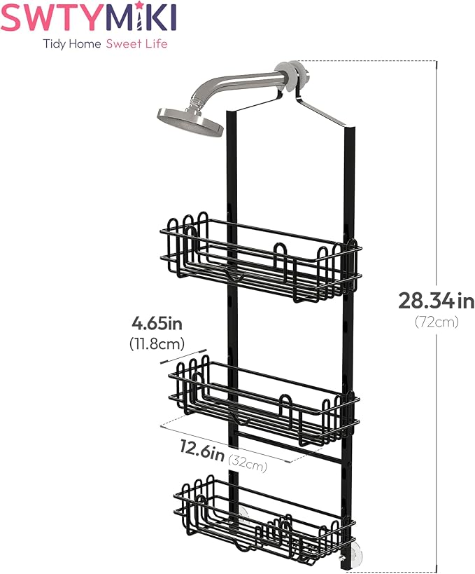 SWTYMIKI Shower Caddy Hanging Organizer - 3-Tier Rustproof Shower Organizer Over Showerhead with Adjustable Baskets, 24 Hooks, Soap & Razor Holder - No Drill Large Bathroom Storage Rack, Black - Image 7