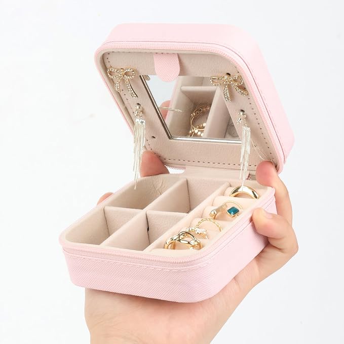 Travel jewelry case,Small Jewelry Box Organizer with Mirror, Gift for Women Girls,3.9"x3.9",Pink,1Pack - Image 4