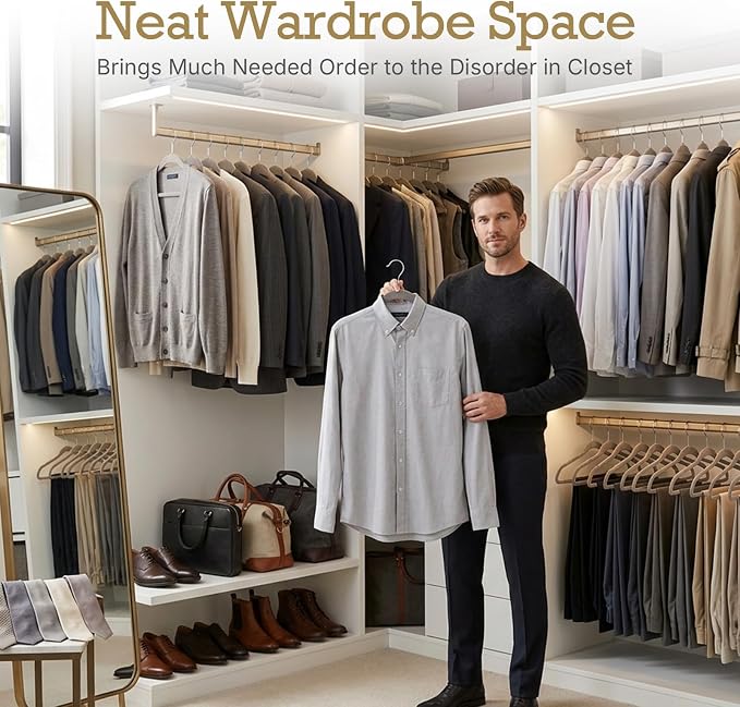 HOUSE DAY Taupe Velvet Hangers 60 Pack, Non Slip Clothes Felt Hanger Heavy Duty for Coat, Premium Slim Space Saving Suit Hangers for Closet Organizer, 360° Rotating Silver Hook - Image 9
