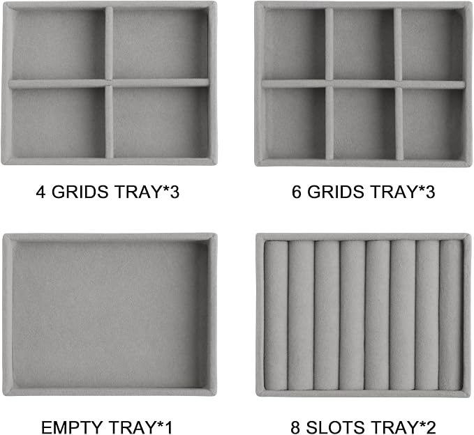 Frebeauty Small Jewelry Tray Set, Stackable Velvet Jewelry Organizer, Drawer Inserts, 4.92 x 3.74 x 0.9 Inches, Earring Organizer for Women (Set of 9, Grey) - Image 2