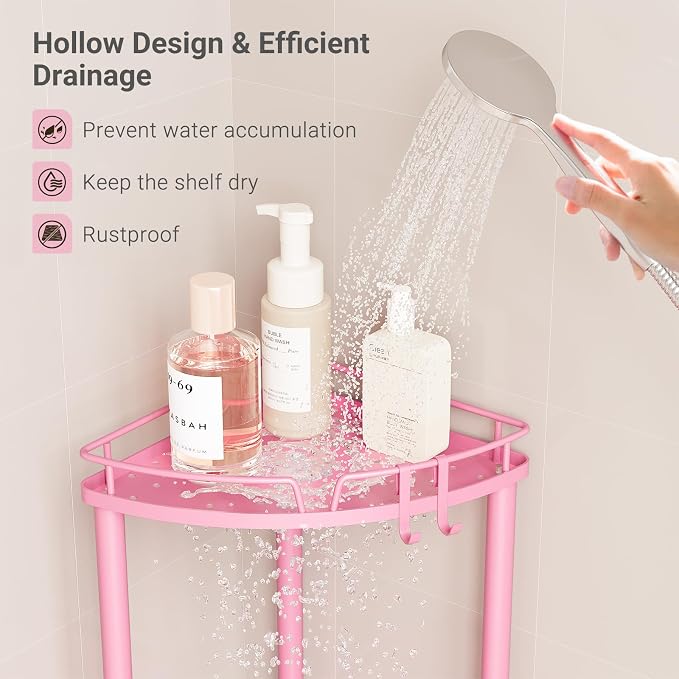 ELYKEN Corner Shower Caddy Standing, 4 Tier Rustproof Metal Shower Organizer with Soap Holder, Floor Shower Corner Shelf Rack Storage Stands with Adjustable Feet & 2 Hooks for Bathroom, Pink - Image 6