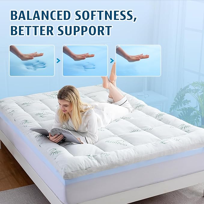 DOWNCOOL Dual Layer 4 Inch Memory Foam Mattress Topper Full – 2 Inch Gel Memory Foam & 2 Inch Pillow Top Mattress Pad, Soft & Breathable Viscose Made from Bamboo, for Back Pain Relief