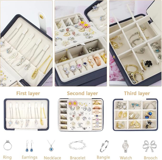 KOOAAICCHI Small Jewelry Box, Travel Jewelry Organizer, Portable Jewelry boxes for Women Girls Gift, Double Layers PU Leather Jewelry Holder for Rings, Earrings, Necklaces-Blue - Image 3