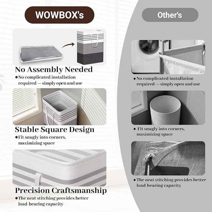 WOWBOX 2 Pack Laundry Baskets, Laundry Hampers, Freestanding Dirty Clothes Hampers with Reinforced Handles & Cross Stitch & Waterproof Coating, for Laundry Bedroom Bathroom Dorm,125L Grey - Image 4