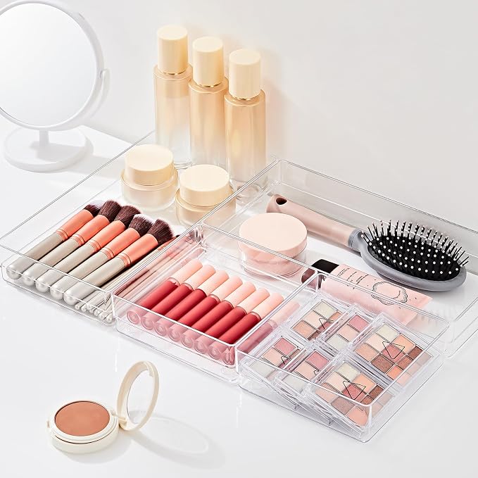 SMARTAKE 6 PCS Clear Plastic Drawer Organizers Set, Large Size Non-Slip Desk Drawer Organizer, 2-Size Versatile Bathroom and Vanity Drawer Organizer Trays for Makeup, Bedroom, Office, Kitchen Utensils - Image 3