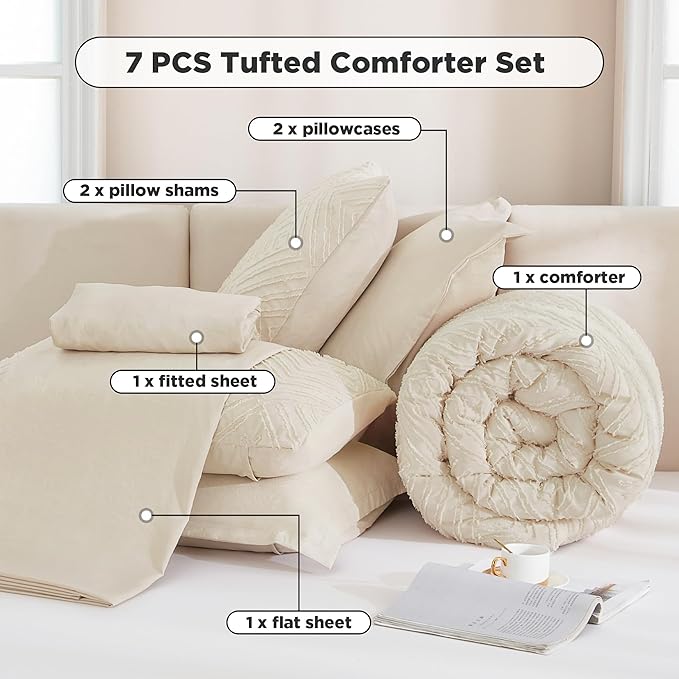 Andency Beige Super King Plus Size Comforter Set with Sheets - 7 Pieces Bed in a Bag Boho Tufted Bedding Sets Fluffy Lightweight Oversized King Bed Set with Comforter, Sheets, Pillowcases & Shams