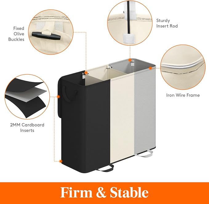 Lifewit Triple Laundry Hamper with Lid and Removable Laundry Bags, Large Collapsible 3 Dividers Dirty Clothes Basket with Handles for Bedroom Laundry Room Closet Bathroom College,185L Black&White&Gray - Image 3
