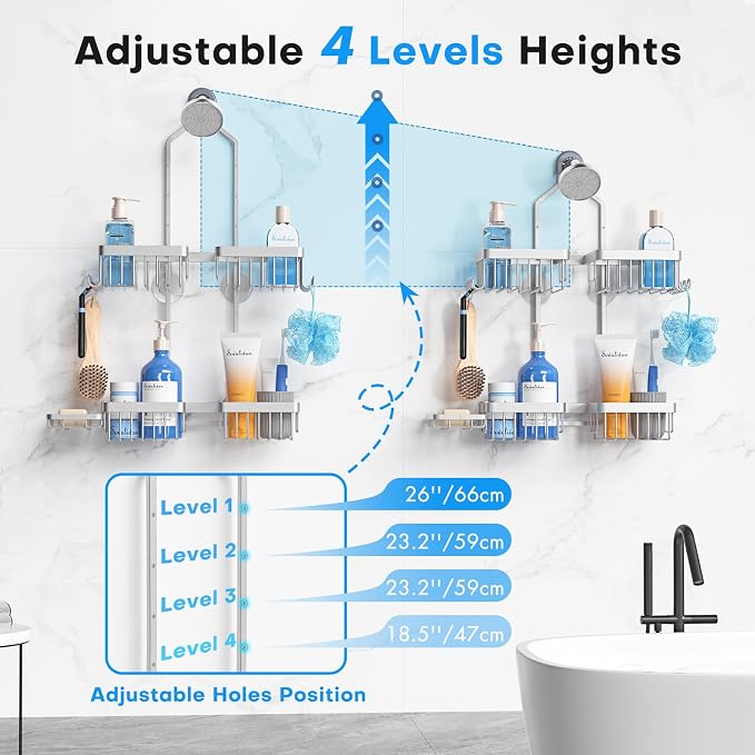 Sewulidon Aluminum Alloy Hanging Shower Caddy for Handheld Shower Heads,Rustproof Hose Shower Organizer 4 Levels Height Adjustable Shower Rack with Hooks,Razor Holder,Soap Holder - Image 4