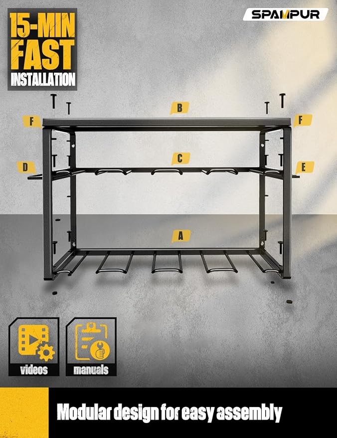 Spampur Power Tool Organizer, 8 Drill Holders Wall Mount, 3 Layer Heavy Duty Metal Storage for Garage Organization, Tools Storage with Hooks, Screwdriver Hammer Holder, Father's Day Mens Birthday Gift - Image 6