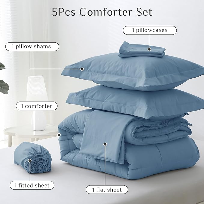 JOLLYVOGUE Twin XL Comforter Set, Ultra-Soft Bed in a Bag Twin XL Size 5 Pieces, Oeko-TEX Certified Bedding Set with Down Alternative Comforter, Sheets, Pillowcases & Shams, Dusty Blue