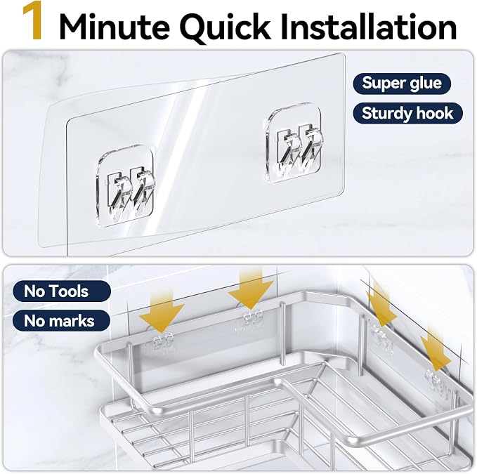 YASONIC Shower Caddy Corner, 2-Pack Adhesive Rustproof Stainless Steel Shower Shelves with Soap Holder, No Drilling Shower Organizer Corner for Dorm, Renters Bathroom Silver - Image 6