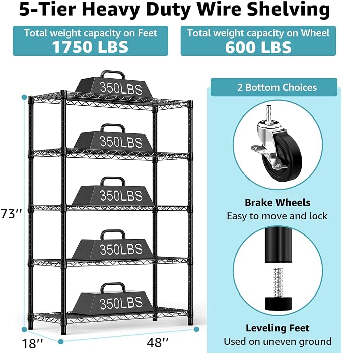 M MZG 5-Shelf Storage Shelves,Wire Shelving Heavy Duty Metal Storage Shelving Unit Adjustable Garage Shelving Rack Pantry Kitchen (Black, 5 Tier,17.7" D x 47.2" W x 76.7" H) - Image 3