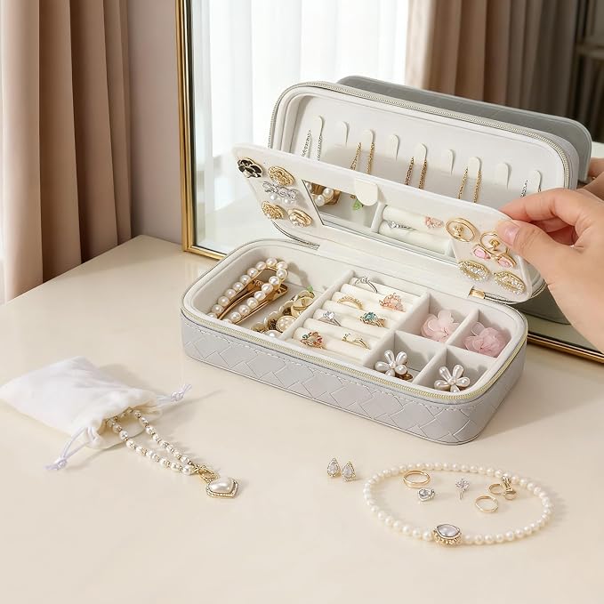 DesignSter Travel Jewelry Case, Woven Embossed PU Leather Jewelry Organizer with Mirror, Small Portable Jewelry Box for Women Rings Necklaces Bracelets Earrings - Image 5