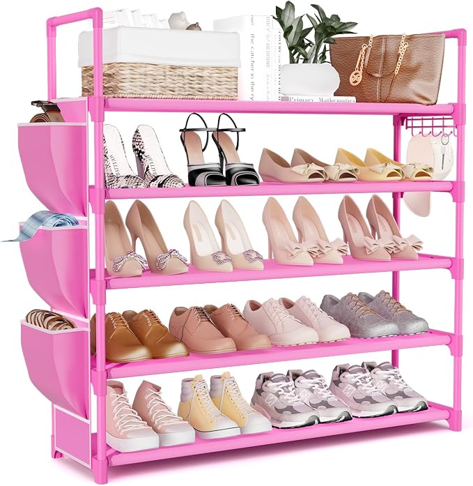 VILICK Shoe Rack for Closet Shoe Organizer Space Saver Storage for 20-25 Pair Shoe Shelf with Hook and Side Pocket Free Standing 5 Tier Shoe Rack Organizer for Entryway,Small Spaces, Pink by VILICK