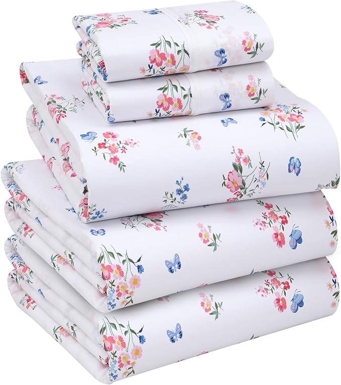 RUVANTI 100% Cotton Sheets – Split King Size Percale Bedding, Cooling & Breathable Floral Design, Durable with a Crisp, Soft & Comfortable Feel, 16" Deep Pocket, 5-Piece Set, Funa Flora