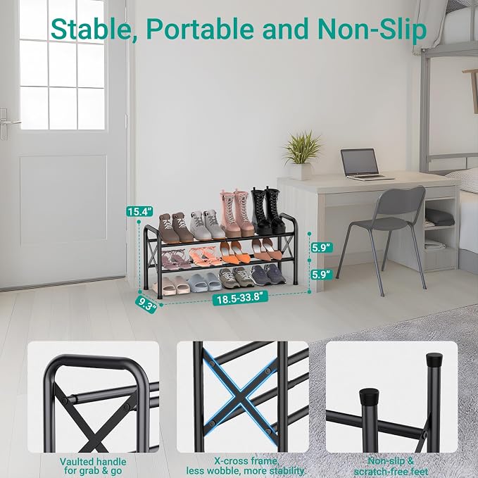 YEASHEIN 2-Tier Expandable Shoe Rack for Closet Floor, X-Frame Metal Small Shoe Rack for Entryway, Adjustable Shoe Shelf Organizer, Free Standing Shoe Racks for Front Door Entrance, Garage - Black - Image 2