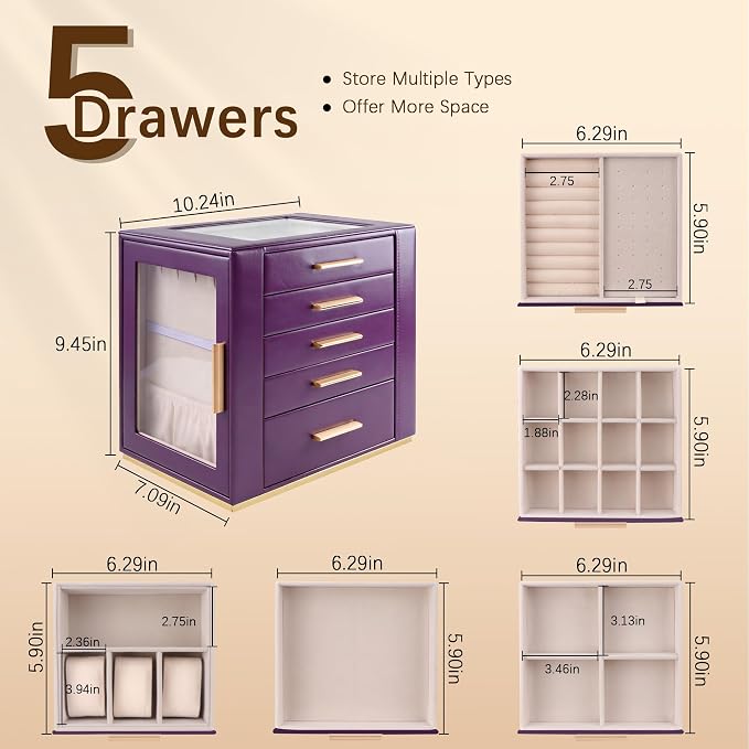 Homeanda Jewelry Box for Women with Glass Lid, 5 Drawers Jewelry Organizer and Storage for Necklaces, Rings, Earrings, Bracelets, Gift for Girls and Teens,PU Leather (Purple) - Image 3