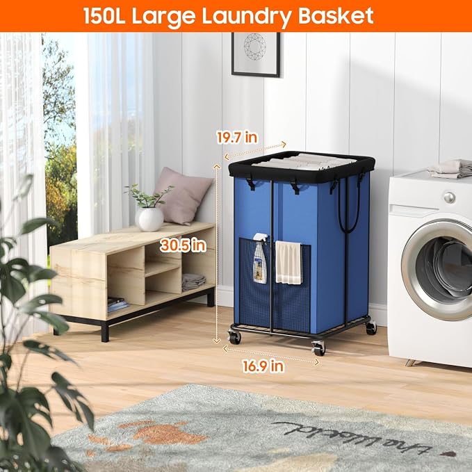 150L Laundry Hamper with Wheels, Rolling Laundry Basket with Metal Frame and Removable Bag, Large & Tall Dirty Clothes Hampers for Bedroom Aesthetic, Laundry Room, Bathroom, Dorm-Blue - Image 2