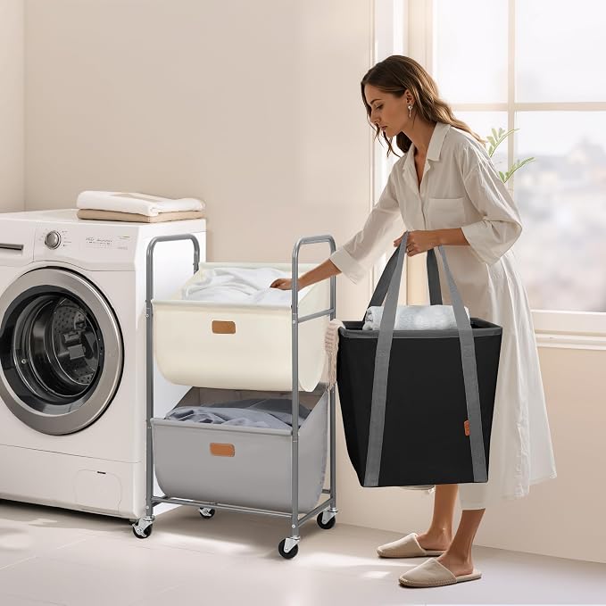 STORAGE MANIAC 80 Liters Vertical Rolling Laundry Hamper, 2 Section Laundry Sorter with Wheels and 2 Breaks, 2-tier Laundry Baskets for Small Space, Dorm, Laundry Room, Closet, Multicolored 2-tier - Image 8