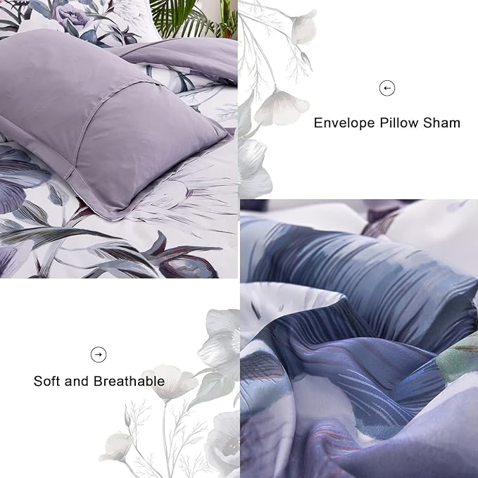 Luxudecor Floral Comforter Set Full Size 7 Piece, Purple Flower Bed in a Bag, Elegant Floral Comforter with Sheet Set, Soft Microfiber Bedding Set for All Season (Purple, 80"x90")