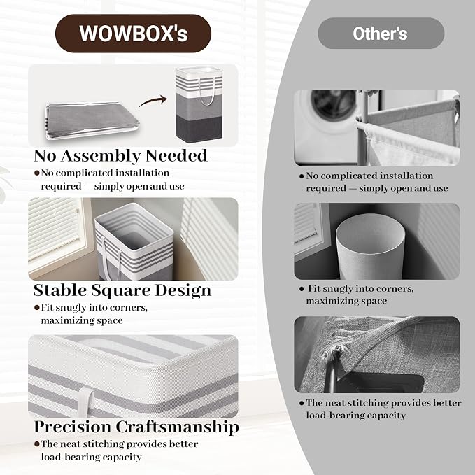 WOWBOX 2 Pack Laundry Baskets, Laundry Hampers, Freestanding Dirty Clothes Hampers with Reinforced Handles & Cross Stitch & Waterproof Coating, for Laundry Bedroom Bathroom Dorm,88L Grey - Image 5