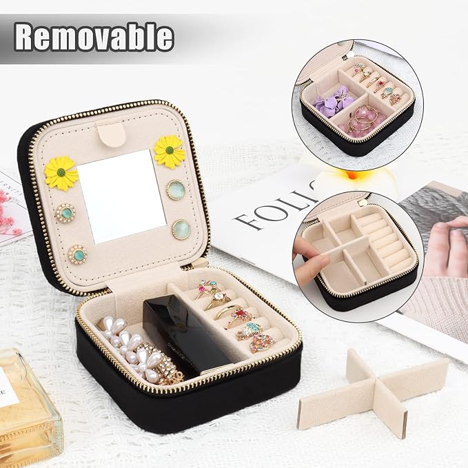 DesignSter Travel Jewelry Box - Velvet Jewelry Organizer, Small Jewelry Case, Jewelry Storage Box for Rings Earrings Necklace (Square, Black) - Image 3