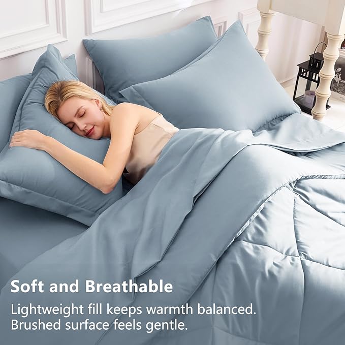 CozyLux King Size Comforter Set Dusty Blue - 7 Pieces Bed in a Bag King, Luxury Soft Bed Set for All Seasons, Bedding Set with Down Alternative Comforter, Sheets, Pillowcases & Shams, Grayish Blue