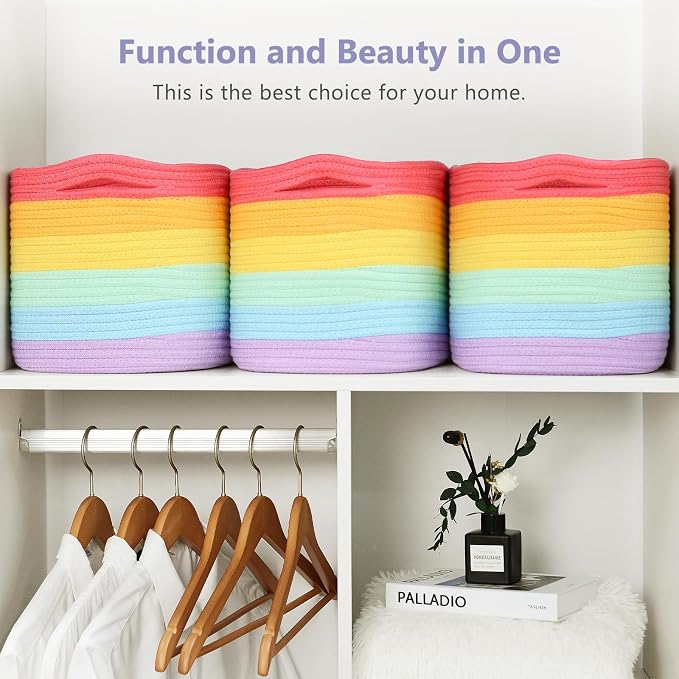 ECDYQXVU Cotton Rope Storage Basket, 15x10x9 Inches, Woven Basket for Shelves, Clothes, Towels, Books, and Laundry, Rainbow (1 Pack) - Image 4