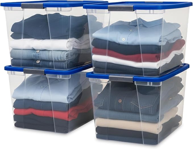 HOMZ 4-Pack Secure Latch, Clear Plastic Storage Organizer Bins, 64 Quart, Blue Lid - Stackable Container Boxes for Bedroom, Bathroom, Garage, and Office Organization by Homz