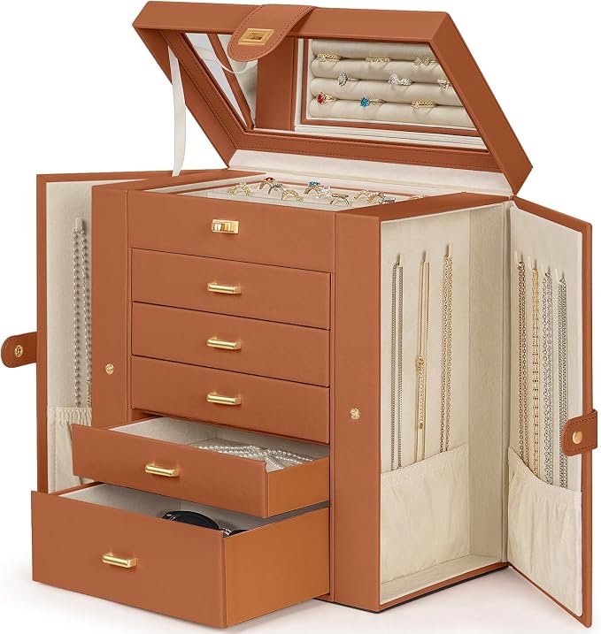AKOZLIN Huge Jewelry Box Organizer Functional Large Leather Jewelry Storage Case for Women Girls Ring Necklace Earring Bracelet Holder Organizer with Mirror - Image 8
