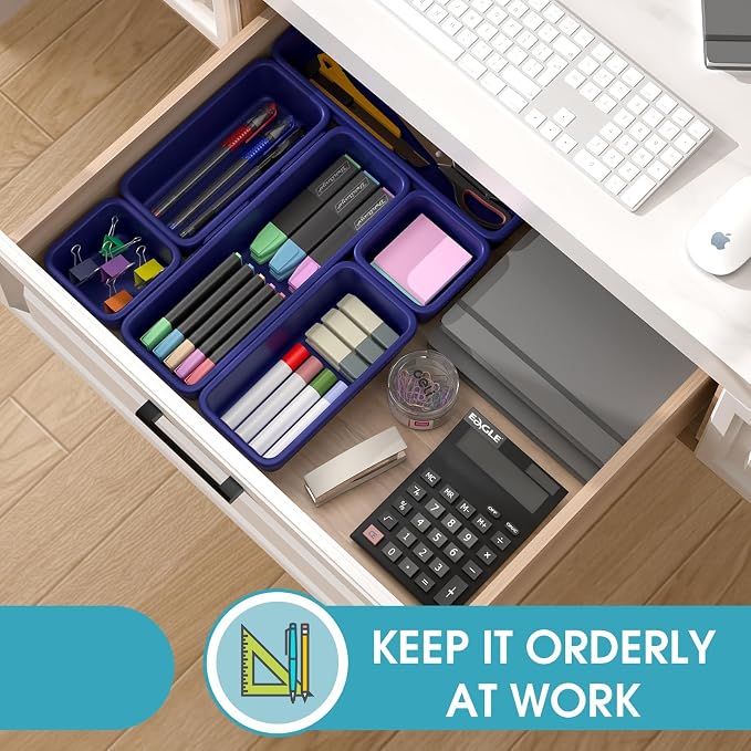 6 PCS Drawer Organizer Set, 3 Size Makeup Drawer Divider Organizer With Non-Slip Pads, Interlocking Plastic Storage Bins for Office,Jewelry Vanity,Gadgets, Bathroom,Kitchen, Navy - Image 4