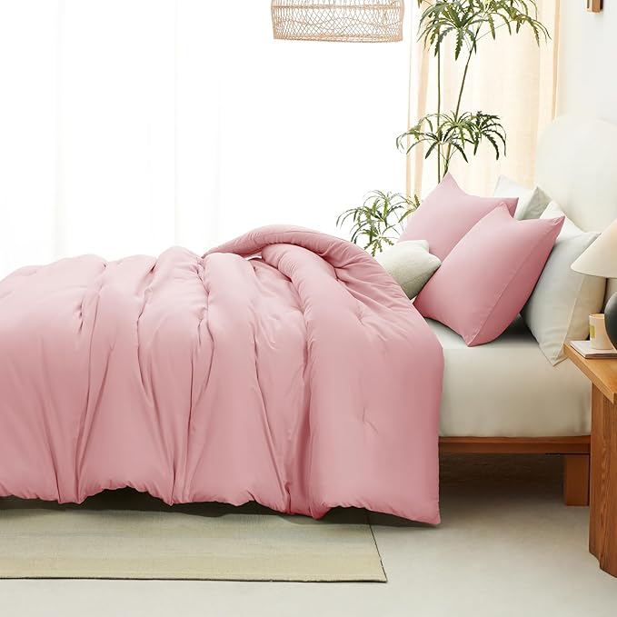 CozyLux King Size Comforter Set Pink, 3 Pieces Solid Comforters King Size Breathable Quilted Bedding Sets, Luxury Soft Lightweight Bed Set with Down Alternative Comforter and 2 Pillowcases All Season