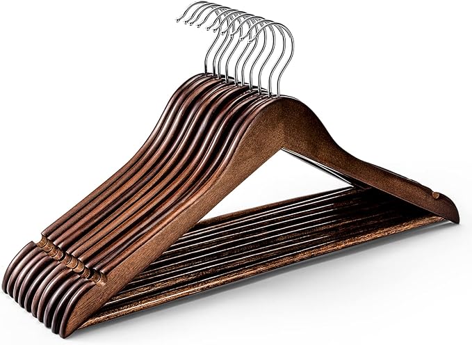 HOUSE DAY Wooden Hangers 10 Pack, Heavy Duty Wood Coat Hangers for Closet, Smooth Finish Wooden Suit Hanger with Non Slip Pants Bar, Sturdy Wood Clothes Hanger, Walnut by HOUSEDAY